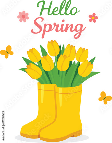 Vector illustration with yellow tulips in yellow rubber boots isolated on white background. Concept of spring gardening, farming, greetings. Floral arrangement. Bright hello spring banner. 