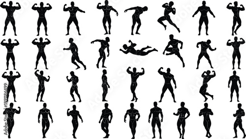 Collection of thirty black muscular male silhouettes in dynamic fitness, bodybuilding, and athletic poses arranged in grid format for design projects