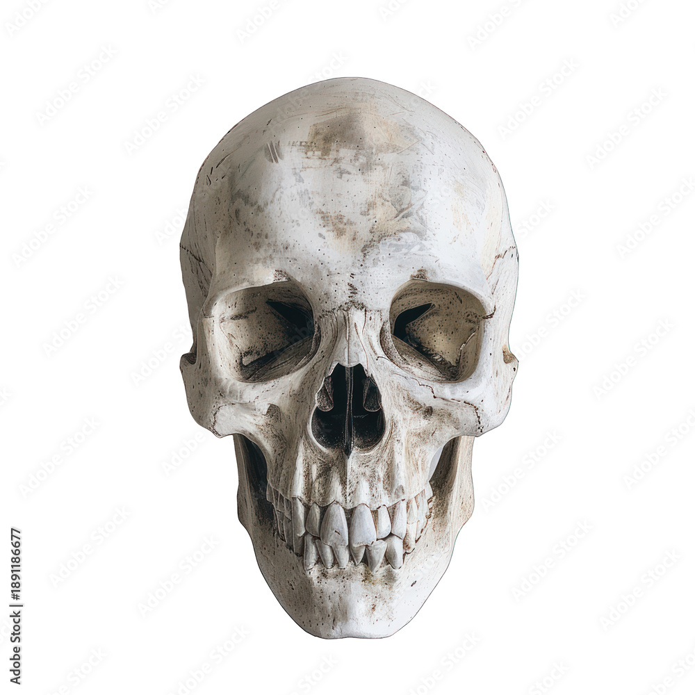 Fototapeta premium realistic human skull, isolated on a transparent background with a PNG cutout or clipping path.