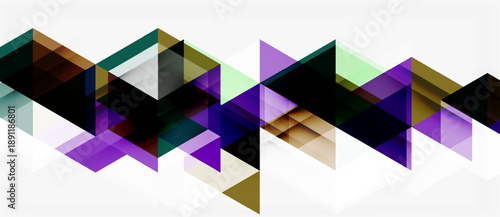 Abstract geometric pattern. Triangles overlap creating dynamic visual texture. Purple, black, gold hues dominate composition. Minimalist design.