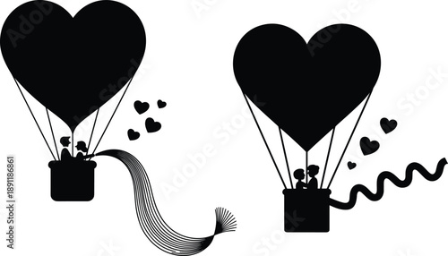 Romantic Couple in Heart Balloons Hot Air Balloon, vector, icon