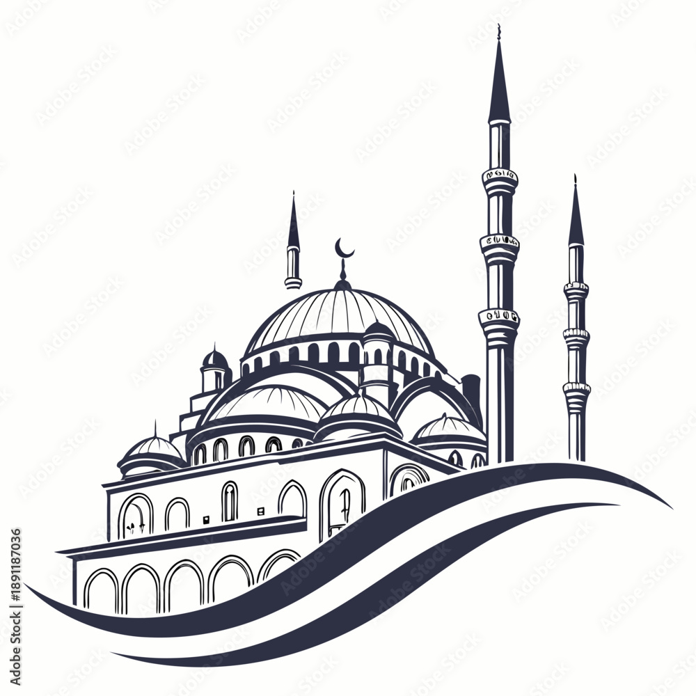 Fototapeta premium Mosque skyline silhouette with smooth curves and towers 1