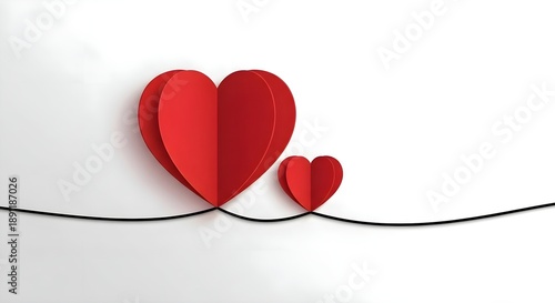 Paper Cut Red Hearts: Large and small 3D folded paper hearts on a black line, minimalist card design for growing love and parent child relationship concept