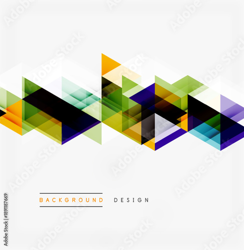 Abstract geometric shapes create dynamic visual flow. Overlapping triangles form vibrant, colorful pattern. Modern design element.