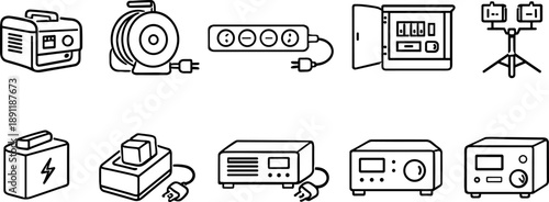 Collection of electrical equipment icons including generators, power strips, and circuit breakers