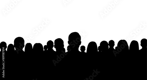 Silhouettes of a crowd of people against a white background.
