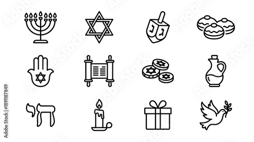 Set of 12 Jewish Culture and Hanukkah Line Icons with Menorah, Star of David, Dreidel, Sufganiyot, Hamsa, Torah, Gelt, Oil Jug, Chai, Candle, Gift, and Dove of Peace in Minimalist Vector Style.
