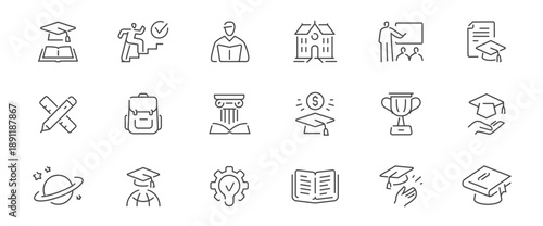 Education icon set. School concept. Studying, graduation, knowledge, learning signs and symbols