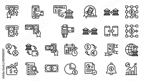 Fintech and Online Banking Line Icon Set Featuring Financial Transactions, Money Transfer, ATM Withdrawal, Mobile Payments, Blockchain, Currency Exchange, Payroll, and Investment Growth Charts.