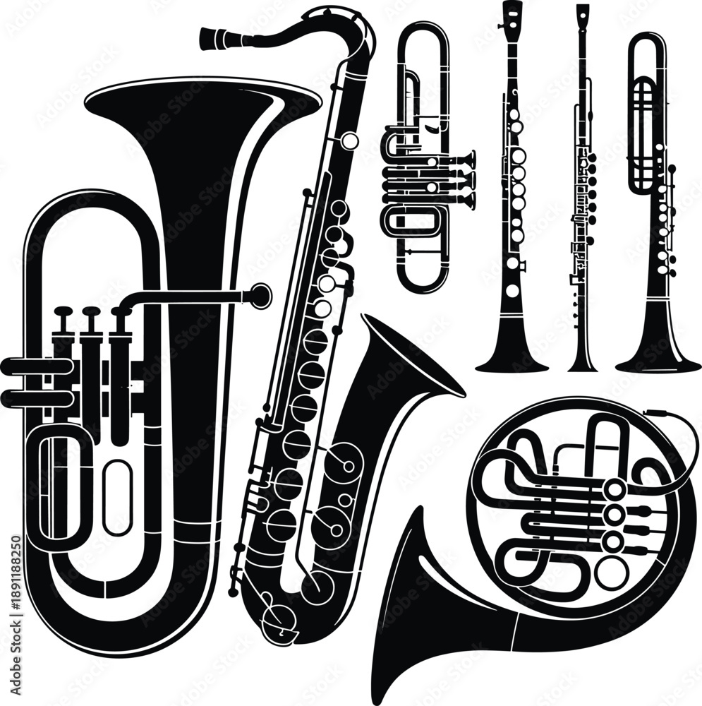 Fototapeta premium Music instruments set. Brass musical instrument silhouettes