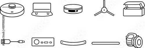 Collection of line art icons representing robot vacuum cleaner parts and accessories