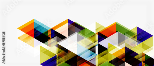 Abstract geometric shapes overlap, creating colorful triangles. Bright hues blend with muted tones on white background. Modern design.