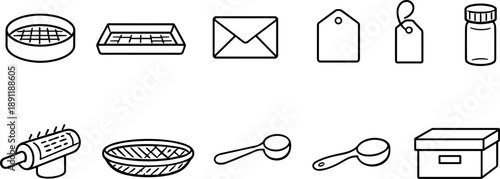 Collection of simple line art icons representing various objects and tools for different purposes
