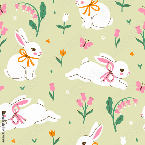 Tableau sur toile Spring seamless pattern with white rabbits and flowers