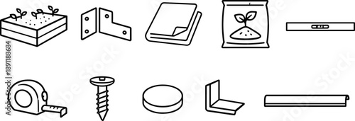 Collection of simple line art icons representing various tools and materials for construction and gardening