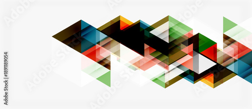 Abstract geometric shapes overlap, creating dynamic composition. Colors include red, green, blue, black, orange. Minimalist design.