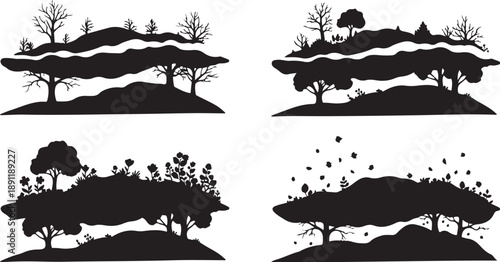 Silhouette of trees on hills with various foliage styles