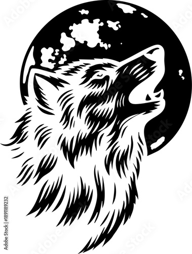 Wolf howling at the moon vintage illustration in an old vintage engraved etching woodcut style