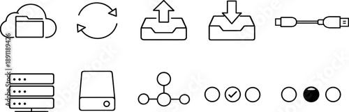 Collection of technology and data icons representing cloud storage, synchronization, and connectivity