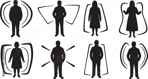 Silhouette icons of people with various abstract shapes around