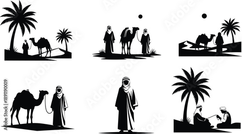 Collection of Arabic Desert Silhouette Vector Illustration Set, Bedouin Men with Camels and Palm Trees for Middle East Travel and Culture Design Template