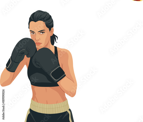 A determined female boxer stands in a fighting stance wearing black boxing gloves