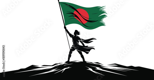 A determined silhouette holds the tattered Bangladesh flag high on a jagged mountain peak
