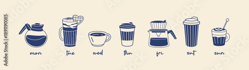 Daily cup of coffee set. Cofee mugs from Monday to Sunday in coffeehouse. Doodle coffeeshop beverages for everyday of the week. Espresso and cappuccino. Flat isolated outline vector illustrations