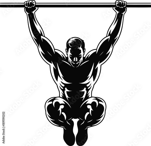 A determined strong man executes a challenging pull up with bent legs on a gym bar
