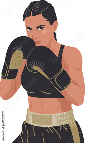 A determined woman boxer stands ready for competition wearing dark gloves with gold trim and matching shorts
