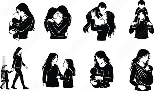 Collection of Loving Mother and Child Silhouette Vector Illustration Set, Women Holding Babies and Walking with Children for Maternity Parenting and Family Love