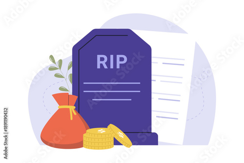 Death Benefit and Inheritance Life Insurance Financial Support Illustration. Illustration showing a tombstone next to a large money bag and gold coins, representing financial legacy for beneficiaries