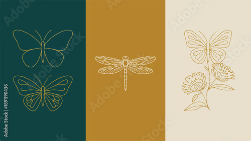 A digital illustration featuring insects and flowers in a stylized, modern design with a tri-panel layout