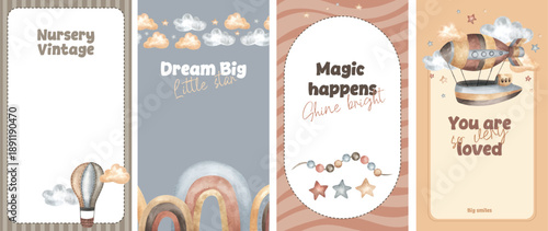 Cute Bohemian nursery posters. Boho vector watercolor print template for wall decor in children's bedroom. Cute airship and air balloon hand drawn quote. Rainbow, stars, clouds. Social media