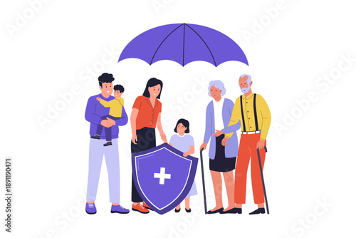 Multi-Generational Family Life Insurance and Health Protection Coverage Illustration. illustration of a family including parents, children, and grandparents protected under a large umbrella