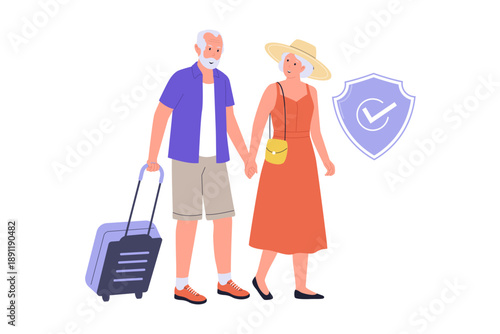 Senior Travel Insurance and Elderly Global Trip Protection Illustration. Elderly couple traveling, protected by a safety shield, representing specialized insurance for senior citizens