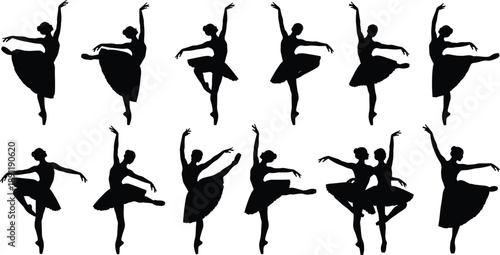 Black silhouettes of multiple ballerinas in various dance poses ballet, ballerina, silhouette, black, white background, dance, dancers, women, female, poses, movements, artistic, tutu, ballet shoes, p