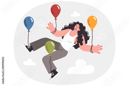 Serene woman feels freedom flying in sky on balloons, thanks to spiritual harmony and balance
