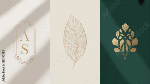 Elegant botanical illustrations featuring a leaf and floral motifs in a sophisticated design