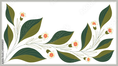 Digital illustration of leaves and flowers in a decorative arrangement from a frontal viewpoint