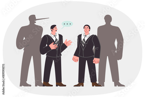 Deception in business negotiations between man and swindler, standing near shadow with long nose