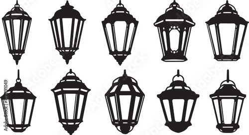 Black street lamps isolated on white background illustration set