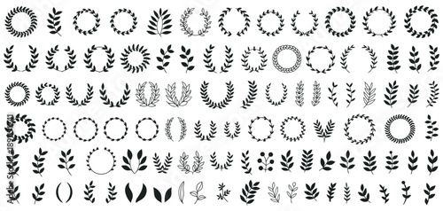 Set of wreaths and branches with leaves, laurel wreaths, twigs, flowers, herbs, plants, hand-drawn decorative vector collection, design ornaments