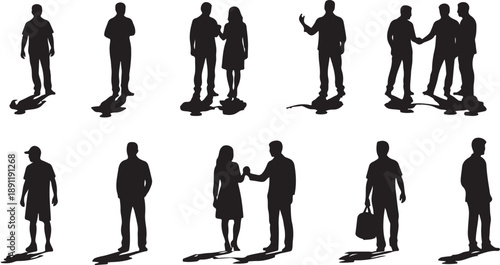 Silhouettes of business people in various professional interactions standing