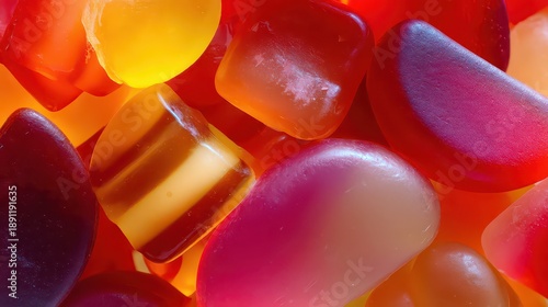 Assorted Fruity Gummy Candies in a Close Up Shot with Vibrant Colors Red Orange Pink Yellow and Striped Detail Creating a Sugary Texture Delightful Confection