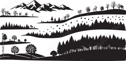 Serene black and white landscape with rolling hills mountains