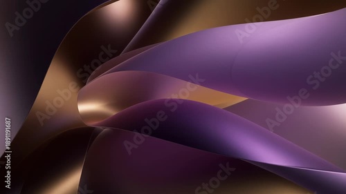 Abstract curved golden and deep violet glossy ribbons flowing smoothly in a continuous luxurious motion background
