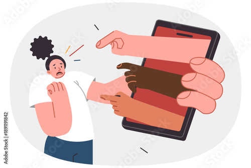 Problem cyber shaming and trolling of internet users over woman holding big phone with hands haters