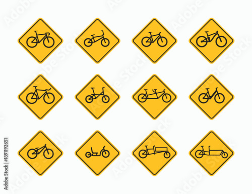 Modern bicycle sign collections. Simple clean illustration of various bicycle yellow diamond shape sign symbol vector illustration