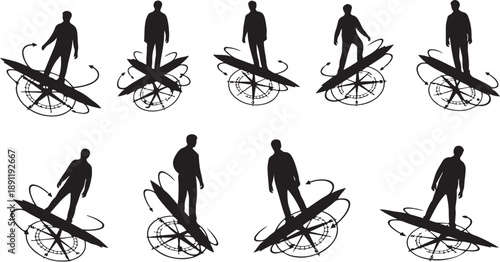 Silhouette of man standing on surfboard in various poses